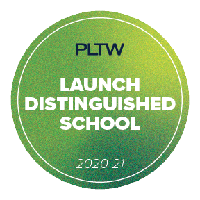 green circle with PLTW Launch Distinguished School 2020-21