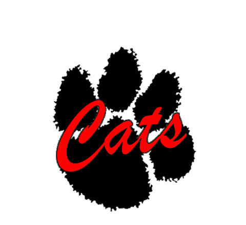 black pawprint with red letters "Cats"