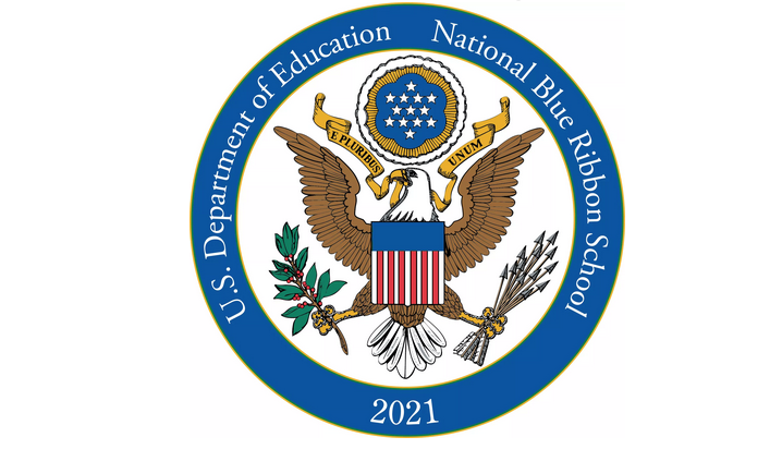 US Department of Education National Blue Ribbon School 2021 logo with a bald eagle holding holly branch in one talon and arrows in the other; gold banner with "E. Pluribus Unum" in its mouth