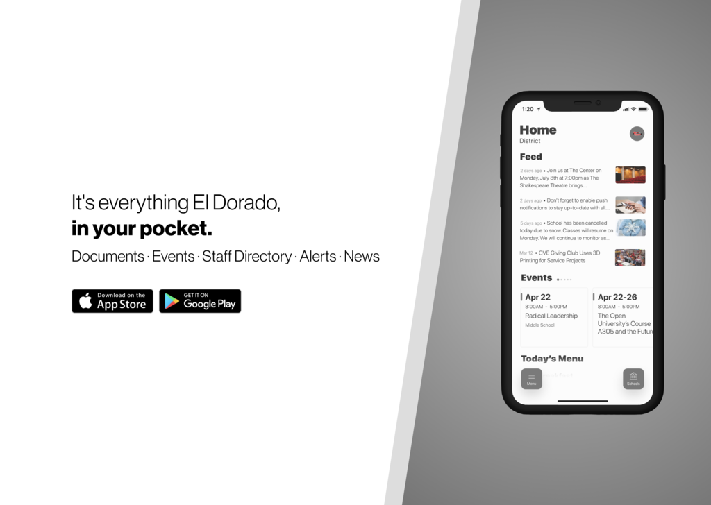 NEW El Dorado USD 490 mobile app: It's everything El Dorado in your pocket. Documets • Events • Staff Directory • Alerts • News
