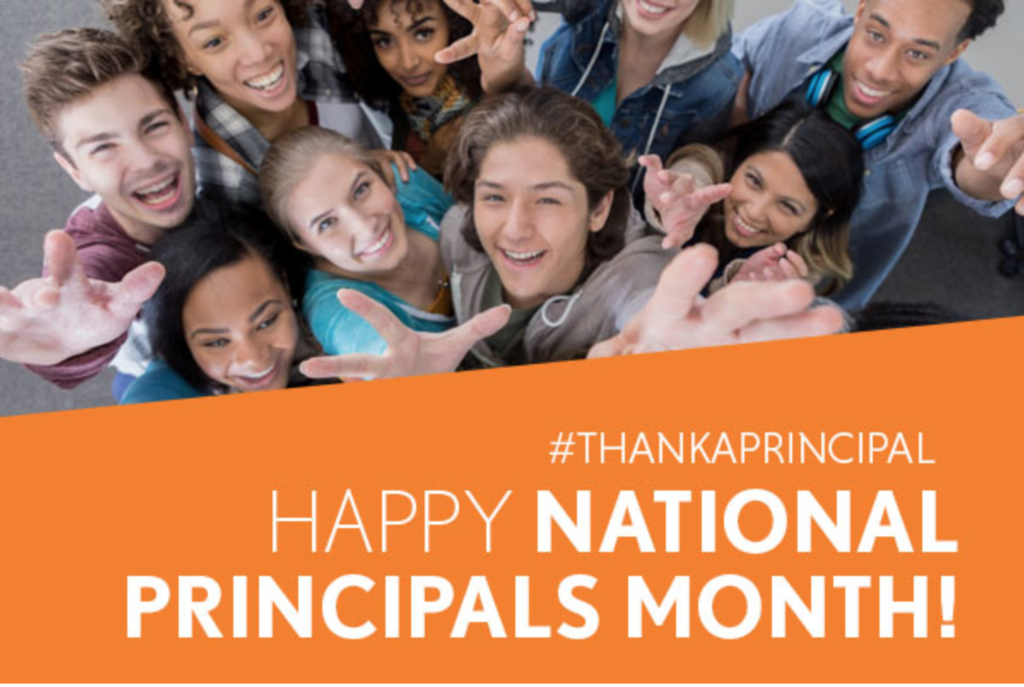 students reaching toward the camera with "#ThankAPrincipal Happy National Principals Month"