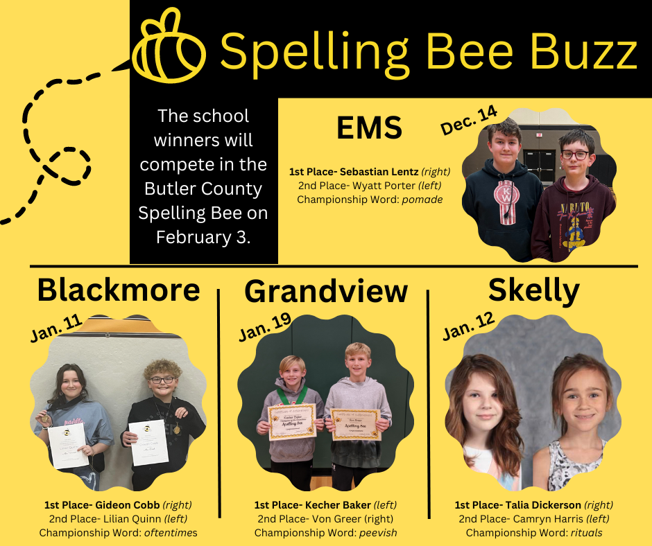 Spelling Bee Buzz The school winners will compete at the Butler County Spelling Bee on February 3. EMS 1st place- Sebastian Lentz, 2nd place- Wyatt Porter; Championship word: pomade; Blackmore 1st place- Gideon Cobb, 2nd place- Lilian Quinn; Championship word: oftentimes; Grandview 1st place-Kecher Baker, 2nd place Von Greer; Championship word: peevish; Skelly 1st place- Talia Dickerson, 2nd place- Camryn Harris; Championship word: rituals